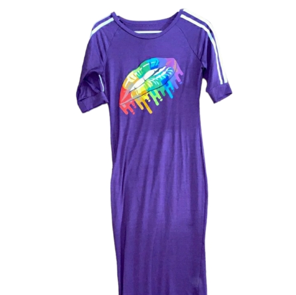 Sexy Plum Purple Bodycon Rainbow Lips Maxi Dress size S - Picture 5 of 14